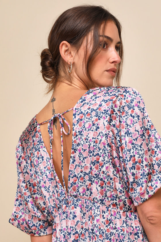 Blush Pink Floral Print Dress - Babydoll Dress - Satin Dress - Image 4