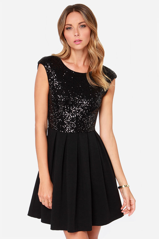 black sequin skater dress