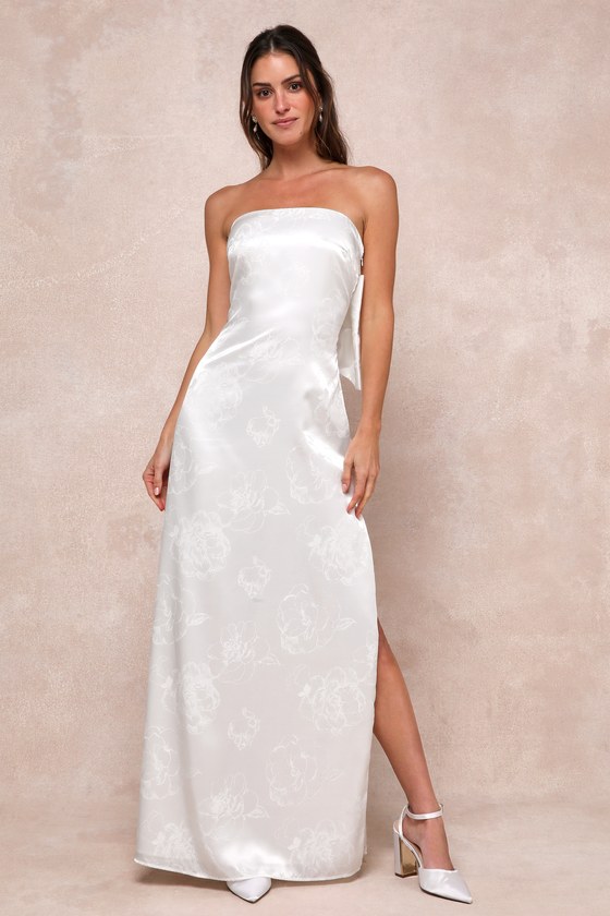 Avid Elegance Ivory Satin Jacquard Strapless Bow Maxi Dress 1