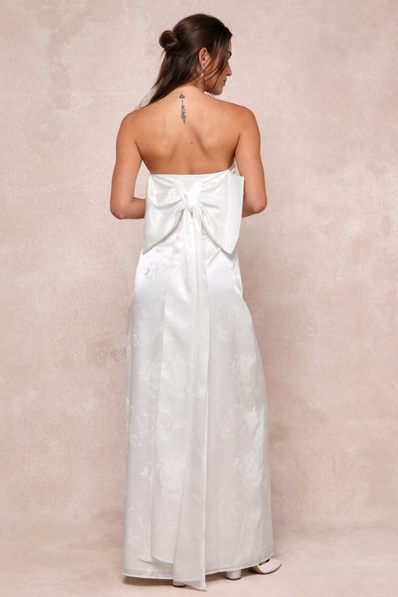 White Satin Gown - Floral Jacquard Dress - Strapless Maxi Dress - Lulus