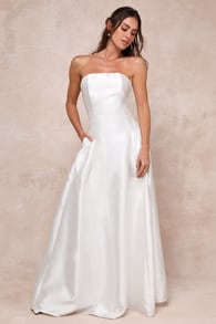 Pristine Love White Taffeta Strapless Maxi Dress With Pockets