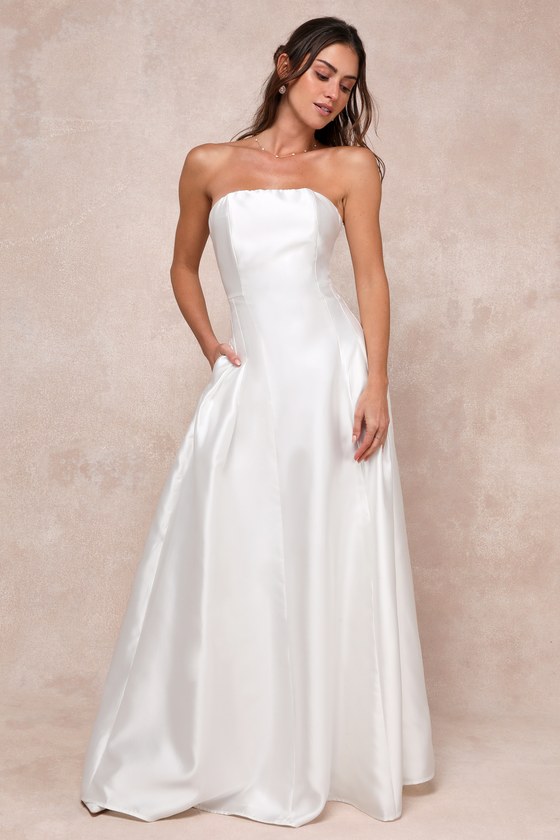 Pristine Love White Taffeta Strapless Maxi Dress With Pockets 2