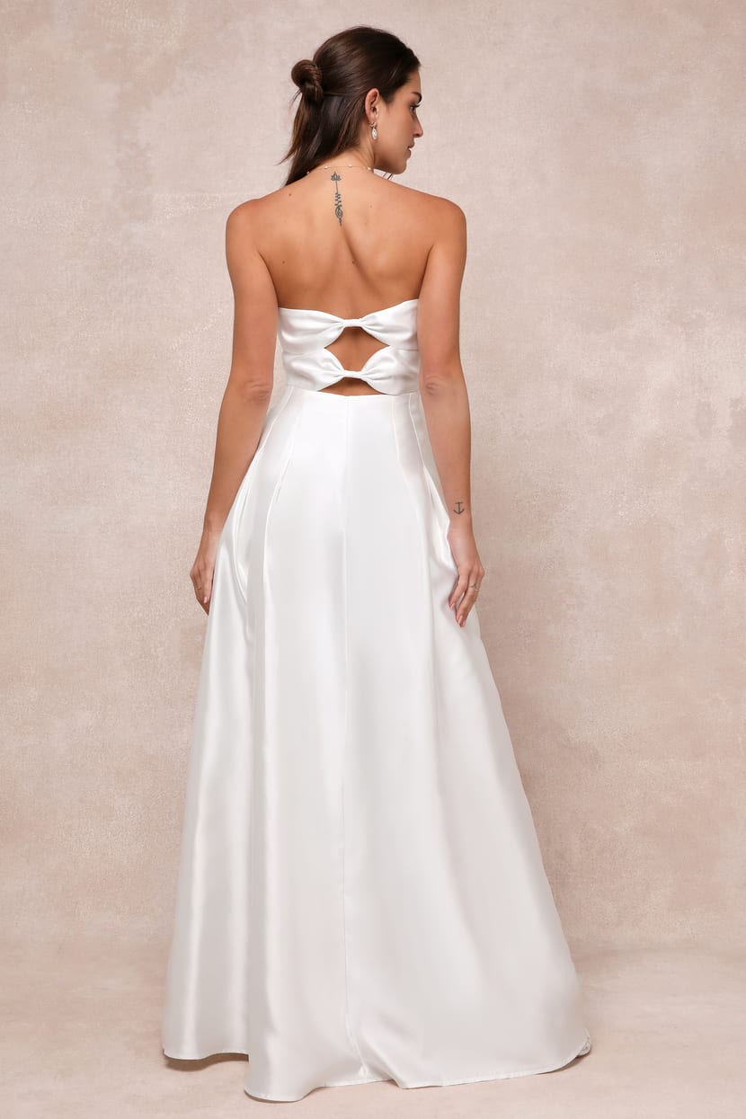 White Taffeta Gown - Strapless Gown - Pleated Taffeta Maxi Dress