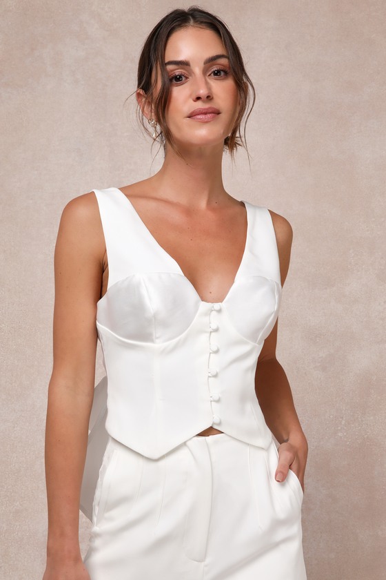 LULUS ICONIC ROMANTIC IVORY BUTTON-FRONT BUSTIER BOW VEST TOP 