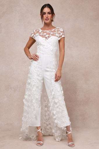 Sophisticated Passion White Floral Embroidered Overlay Jumpsuit