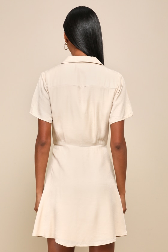 Lulus Pleasant Darling Beige Short Sleeve Button-up Mini Dress In Beige