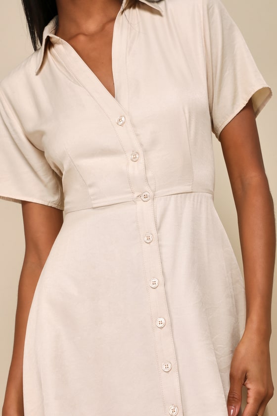 Lulus Pleasant Darling Beige Short Sleeve Button-up Mini Dress In Beige