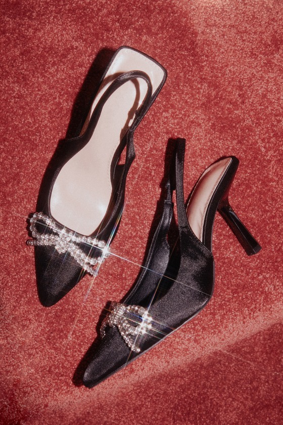 Catrin Black Satin Rhinestone Bow Pointed-Toe Mule Pumps 1
