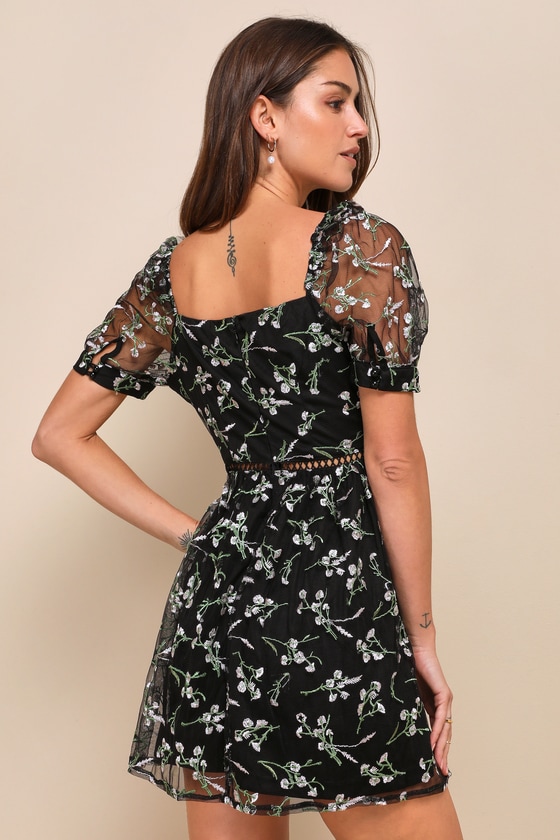 Chic Black Floral Dress Embroidered Mini Dress Skater Dress