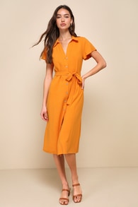 Italian Summer Orange Linen Button-Up Short Sleeve Midi Dress