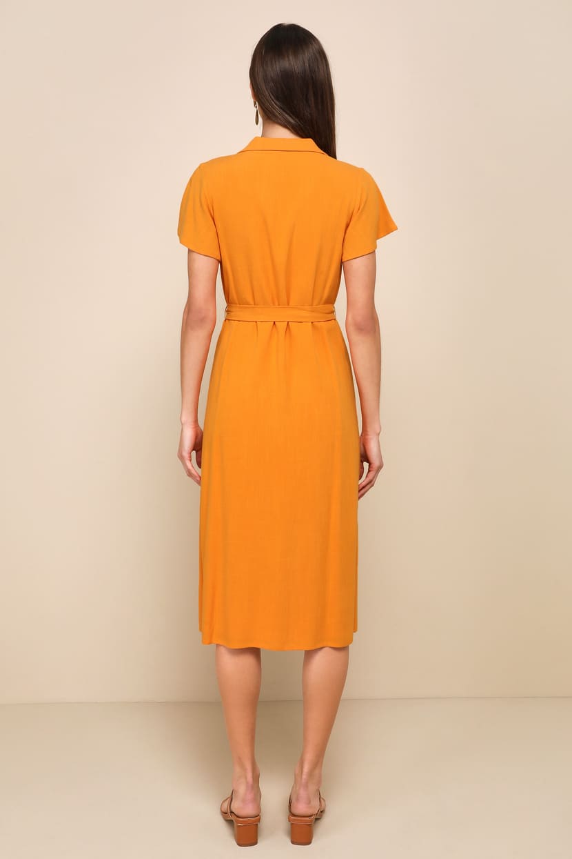 Orange Linen Dress - Button-Up Dress - Midi Short Sleeve Dress - Lulus