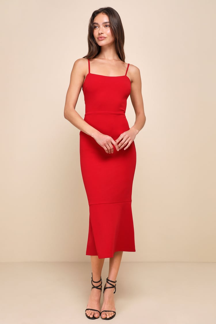fitted lace wedding dress Lulus Dublin Asymmetrical Neck Midi Dress in Red main image 1
