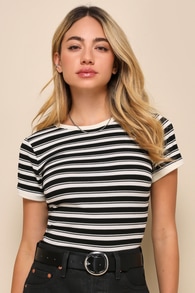 My Favorite Look Ivory and Black Striped Crew Neck Baby Tee