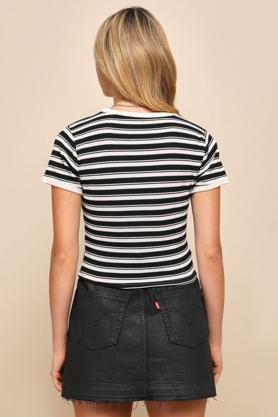 Lulus My Favorite Look Ivory And Black Striped Crew Neck Baby Tee In Black