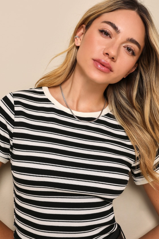 Lulus My Favorite Look Ivory And Black Striped Crew Neck Baby Tee In Black