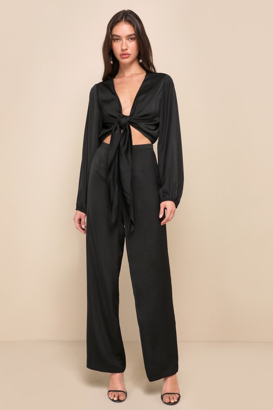 Black Satin Jumpsuit - Tie-Front Jumpsuit - Wide Leg Jumpsuit - Lulus