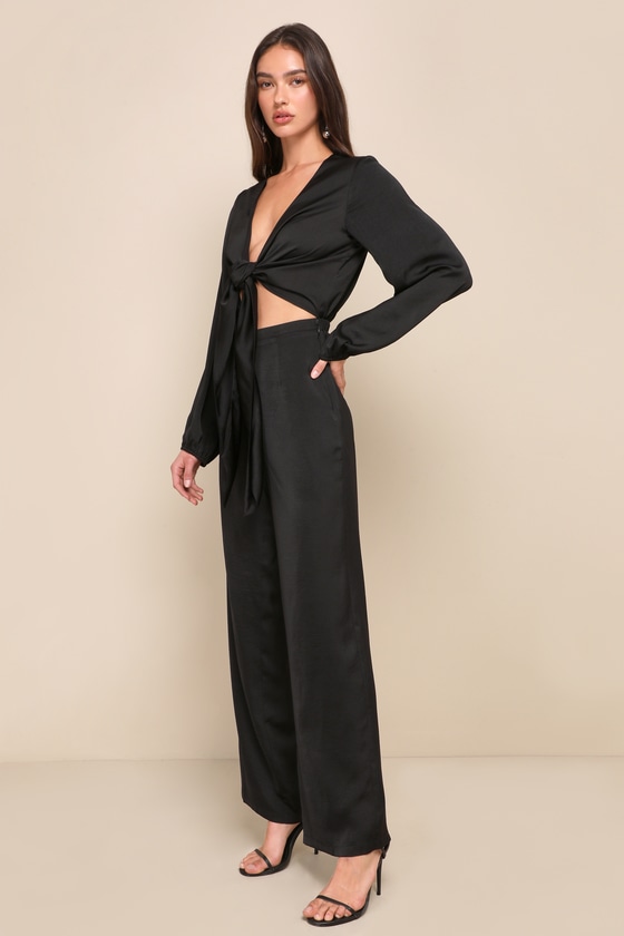 Tie front black jumpsuit hotsell