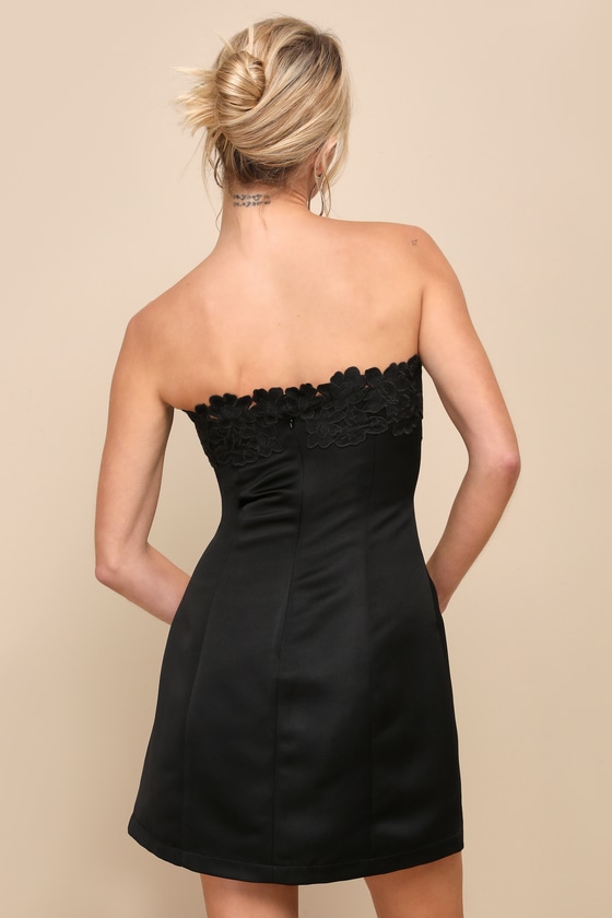 Black Satin Dress - Strapless Floral Mini Dress - Applique Dress - Lulus
