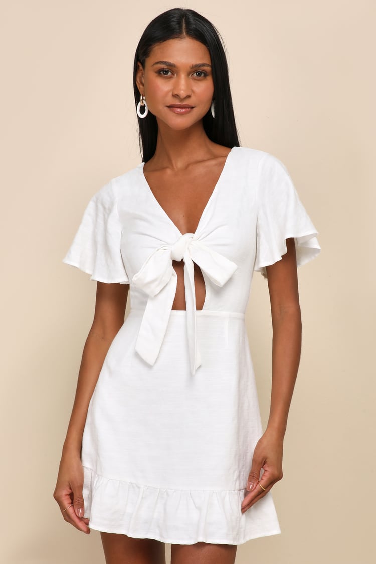 White Cutout Dress - Tie-Front Mini Dress - Ruffled Mini Dress - Lulus