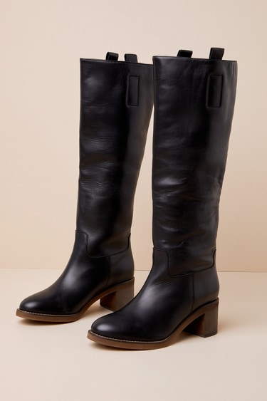 Free Peopld Tabby Black Leather Slip-On Knee-High Boots
