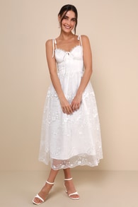 Serene Perfection White Mesh Embroidered Tie-Strap Midi Dress