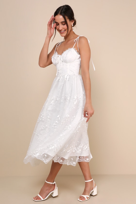 White Midi Dress - Mesh Embroidered Dress - Tie-Strap Dress