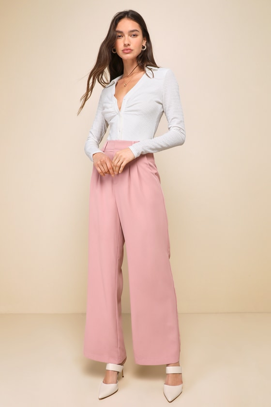 Shop Lulus Posh Potential Dusty Rose Twill High Rise Wide-leg Pants