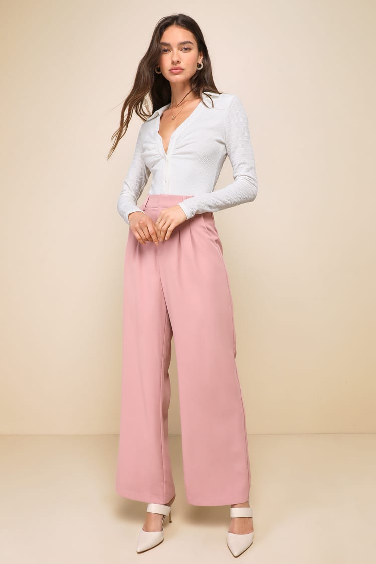 Dusty Rose Pants - Twill Trouser Pants - High Rise Wide-Leg Pants