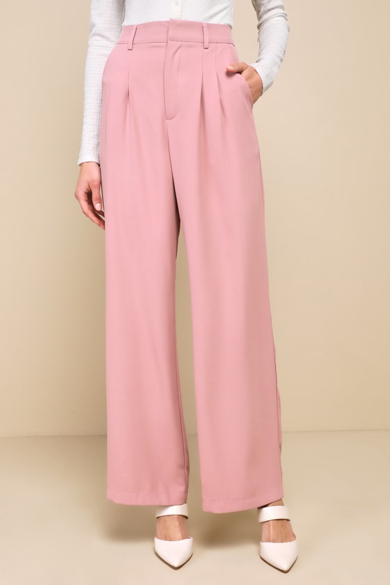 Shop Lulus Posh Potential Dusty Rose Twill High Rise Wide-leg Pants