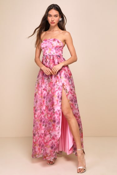 Wonderful Waltz Pink Floral Print Strapless Bustier Maxi Dress