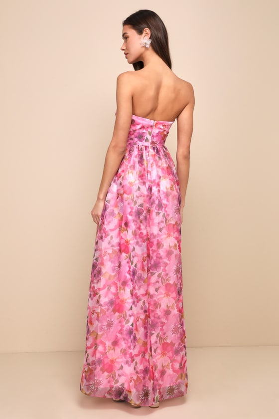 Wonderful Waltz Pink Floral Print Strapless Bustier Maxi Dress 1