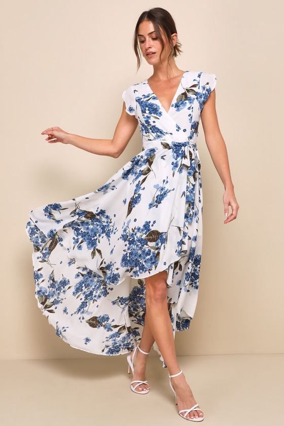 Lovely White Floral Print Dress - High-Low Wrap Dress - Lulus