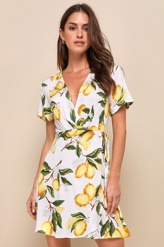 A La Tart White and Yellow Lemon Print Wrap Dress 1