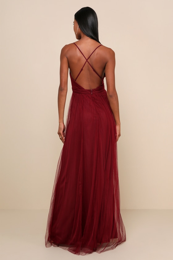 Sexy Burgundy Maxi Dress - Tulle Maxi Dress - Leg Slit Maxi Dress - Lulus
