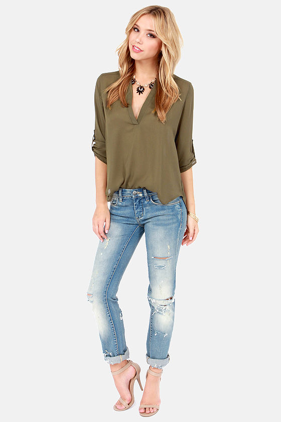 Cute Olive Green Top - V Neck Top - Olive Top - $37.00