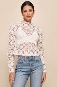 Iconic Persona Ivory Sheer Floral Applique Long Sleeve Top