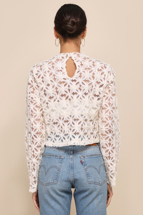 Iconic Persona Ivory Sheer Floral Applique Long Sleeve Top 2