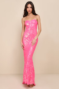 Glam Aura Hot Pink Iridescent Sequin Strapless Maxi Dress