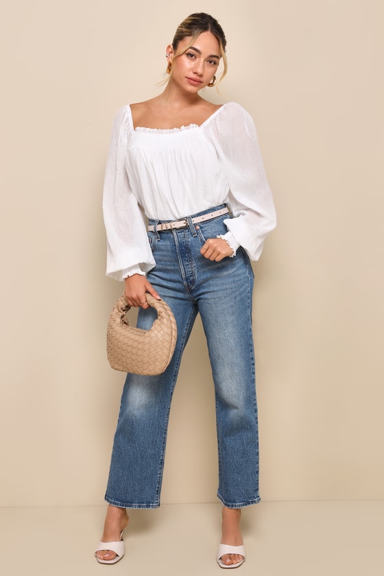 White Smocked Blouse - Gauzy Balloon Sleeve Top - Long Sleeve Top
