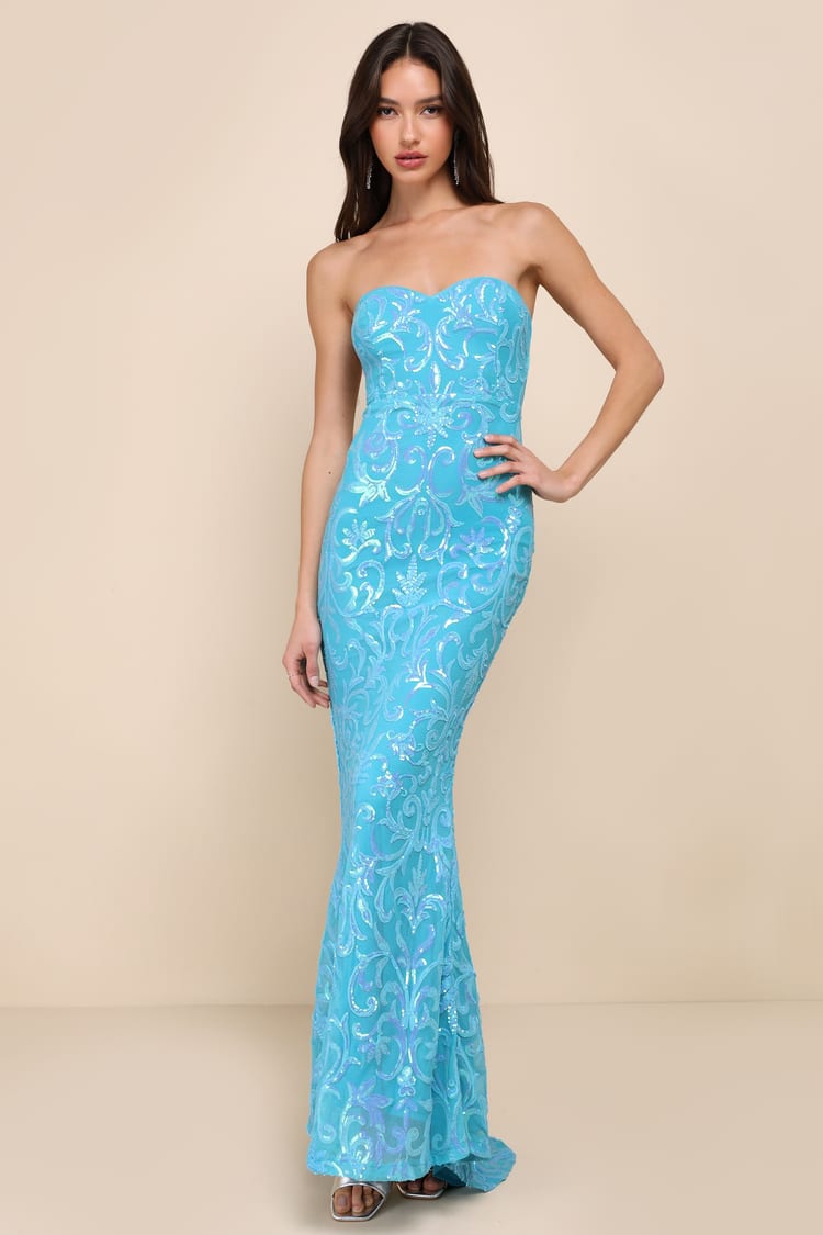 Blue Strapless Maxi Dress - Sequin Dress - Lace-Up Maxi Dress - Lulus