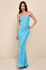 Glam Aura Blue Iridescent Sequin Strapless Maxi Dress