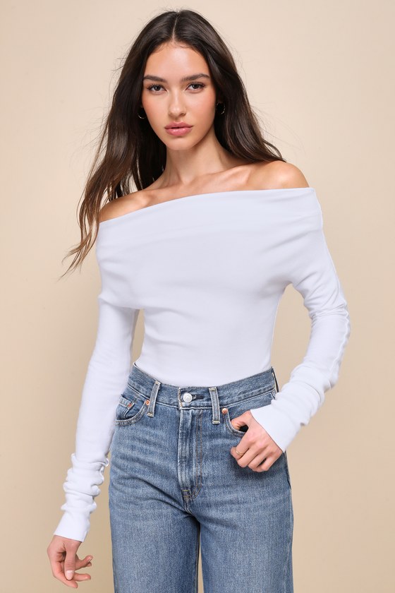 Shop Free People Gigi White Ribbed Off-the-shoulder Long Sleeve Top