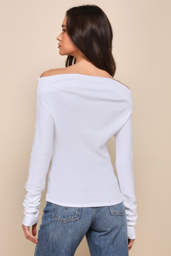 Shop Free People Gigi White Ribbed Off-the-shoulder Long Sleeve Top
