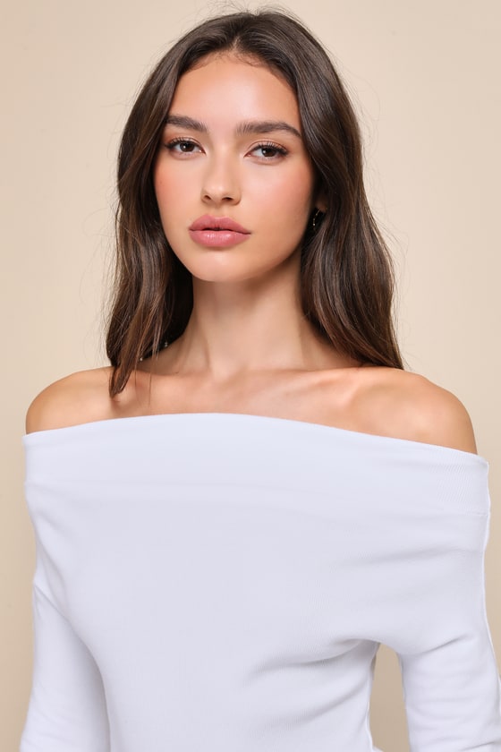 Shop Free People Gigi White Ribbed Off-the-shoulder Long Sleeve Top