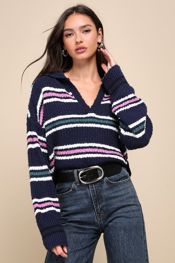 Shop Free People Kennedy Navy Blue Striped Collared Long Sleeve Pullover Sweater