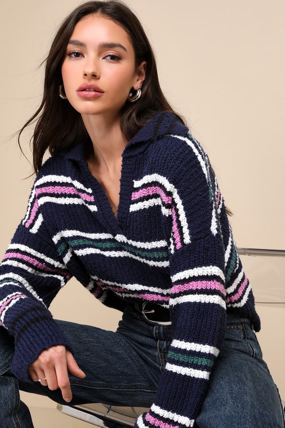 Shop Free People Kennedy Navy Blue Striped Collared Long Sleeve Pullover Sweater