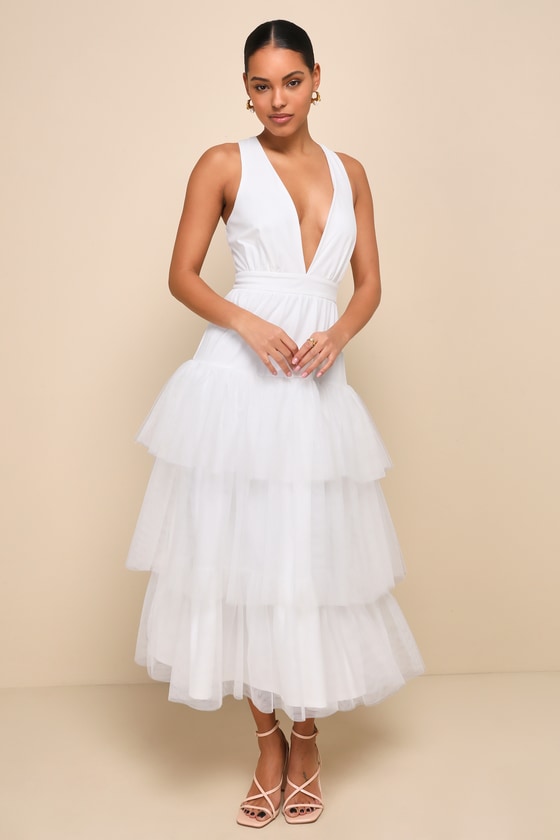 White Tulle Dress - V-Neck Tiered Dress - Tiered Mesh Maxi Dress - Lulus