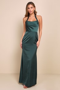 Exquisite Romance Forest Green Satin Pleated Halter Maxi Dress