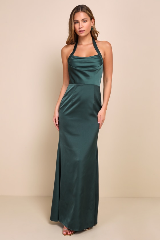 Exquisite Romance Forest Green Satin Pleated Halter Maxi Dress 1