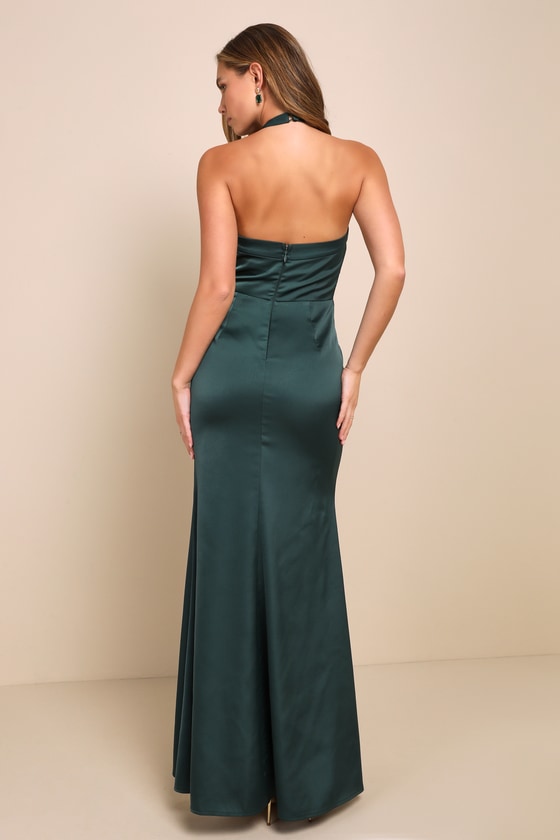 Exquisite Romance Forest Green Satin Pleated Halter Maxi Dress